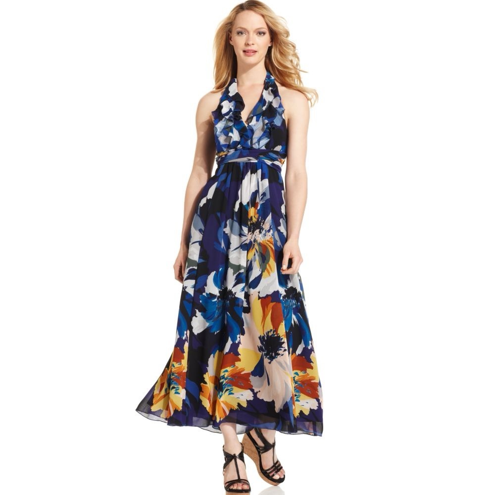 Jones New York Blue Floral Halter Maxi Dress